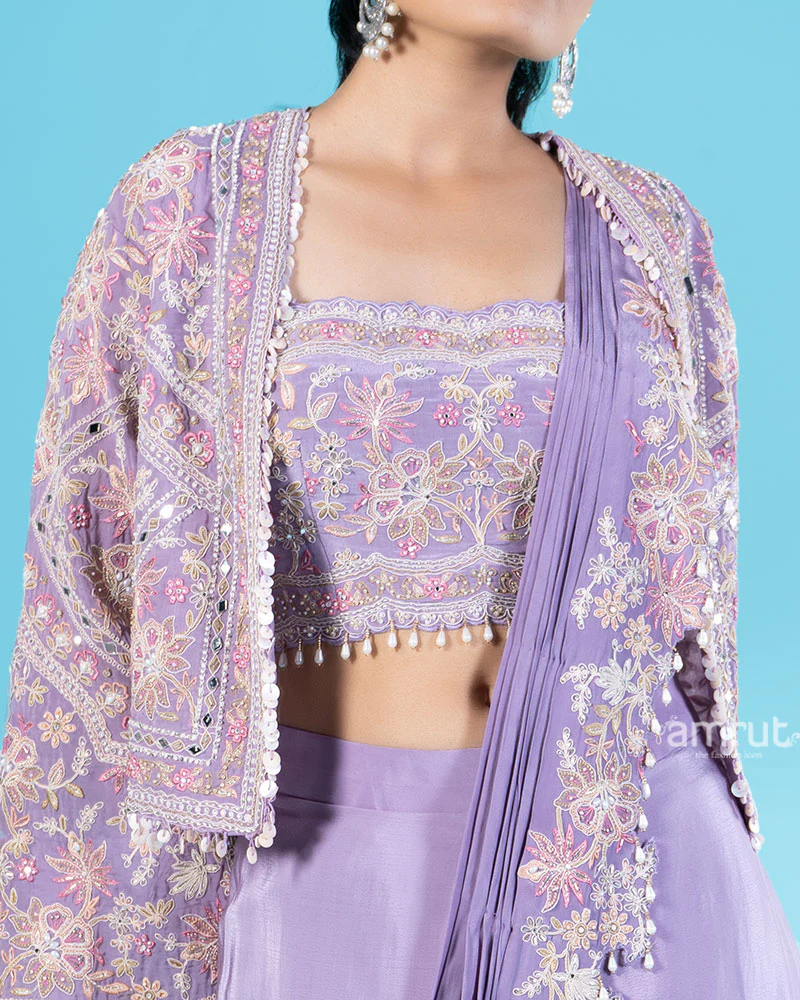 Lavender Ready to Wear Saree with Embroidered Blouse and Jacket - Image 3