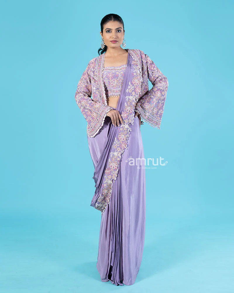 Lavender Ready to Wear Saree with Embroidered Blouse and Jacket - Image 4