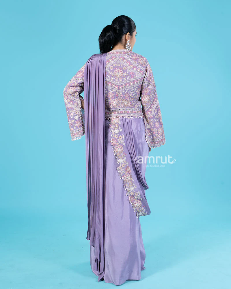 Lavender Ready to Wear Saree with Embroidered Blouse and Jacket - Image 5