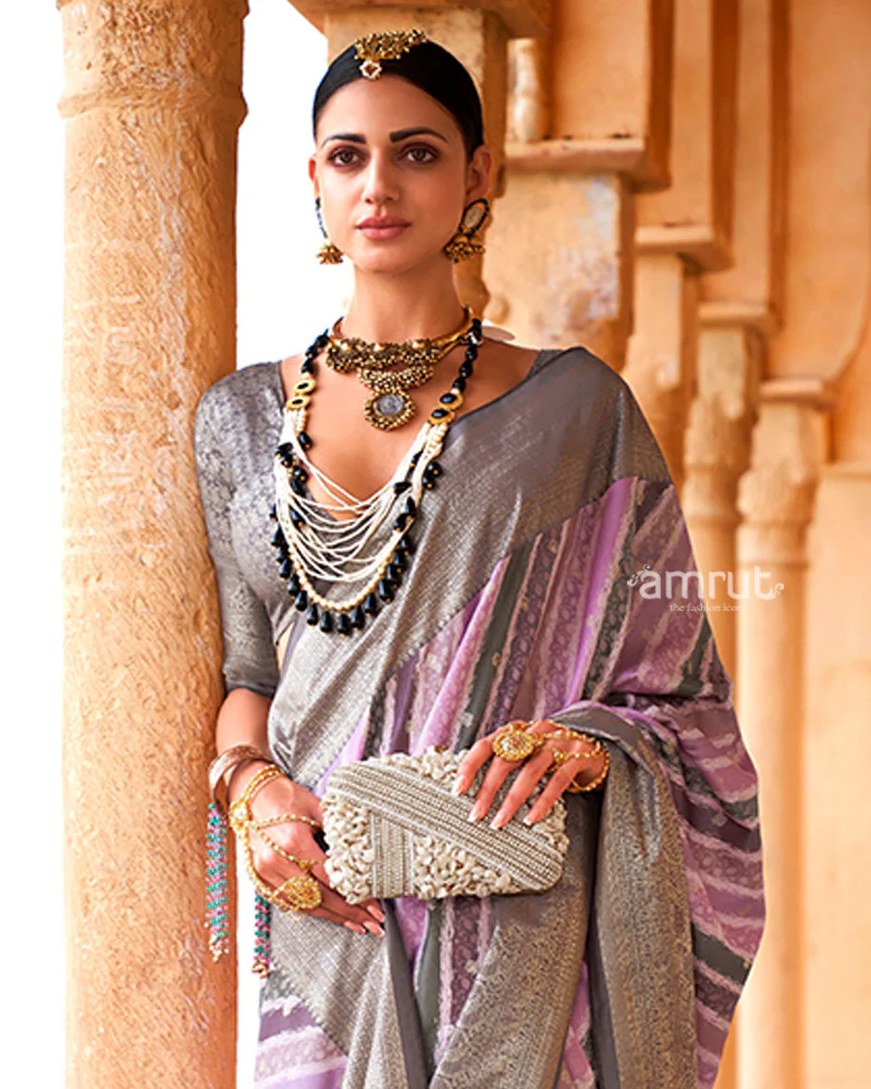Lavender Striped Pattern and Grey Silver Border Silk Saree with Unstitched Blouse - Image 2