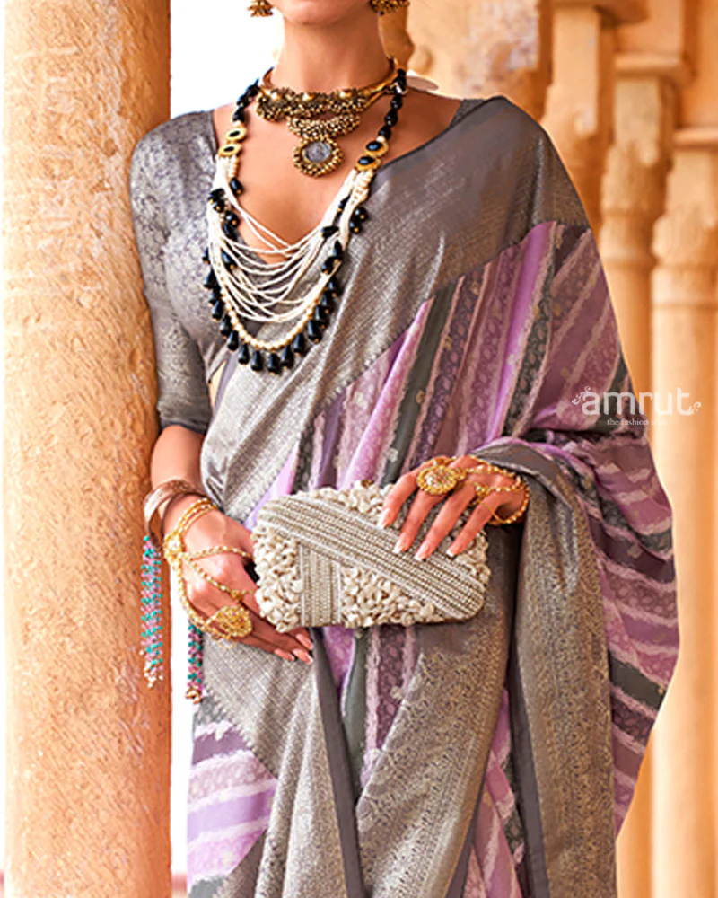 Lavender Striped Pattern and Grey Silver Border Silk Saree with Unstitched Blouse - Image 3