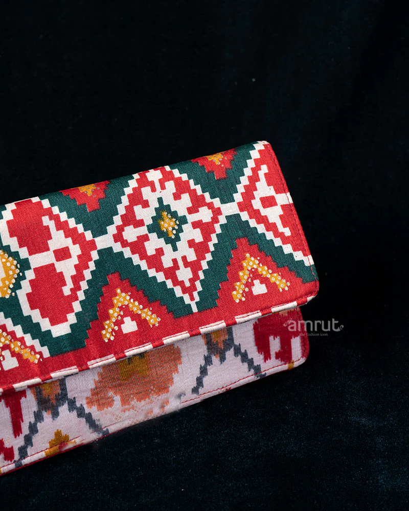 Red and Green Geometric Fold-Over Clutch with Floral Lining - Image 2