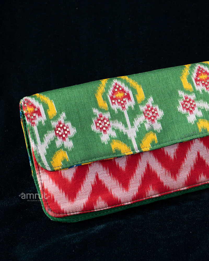 Layered Floral & Zig-Zag Patterned Clutch in Green and Coral Tones - Image 2