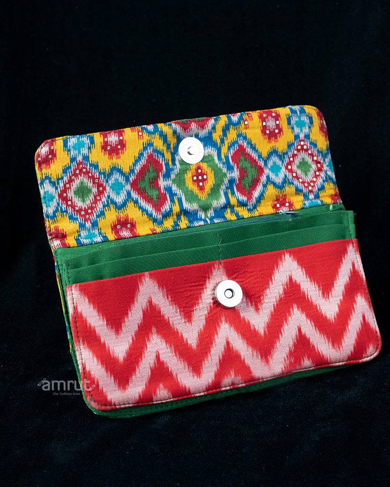 Layered Floral & Zig-Zag Patterned Clutch in Green and Coral Tones - Image 3