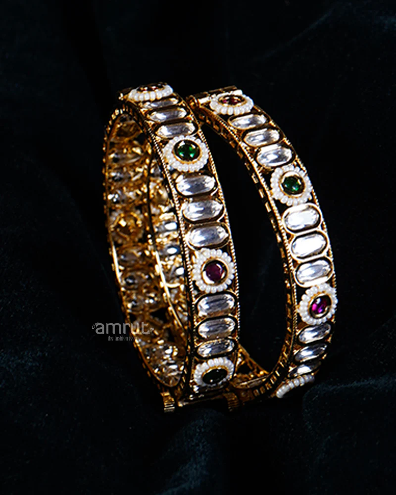 Layered Gold-Toned Bangle Set with Oval-Shaped Stone Accents - Image 2