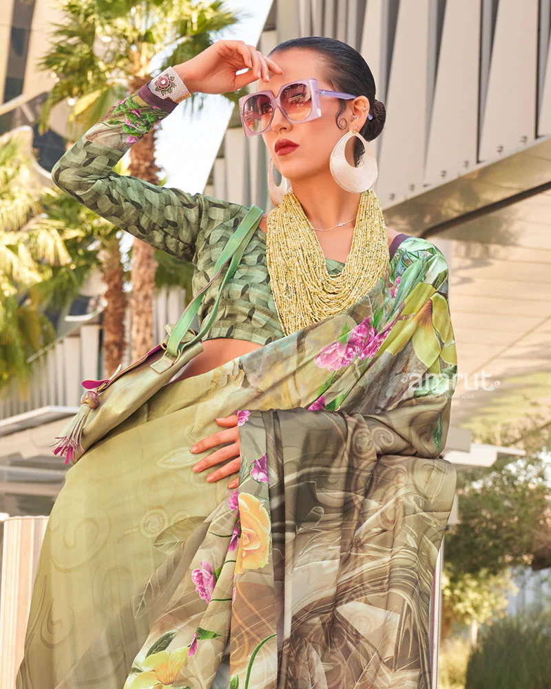 Light Beige and Multicolor Digital Print Satin Saree with Unstitched Blouse - Image 2
