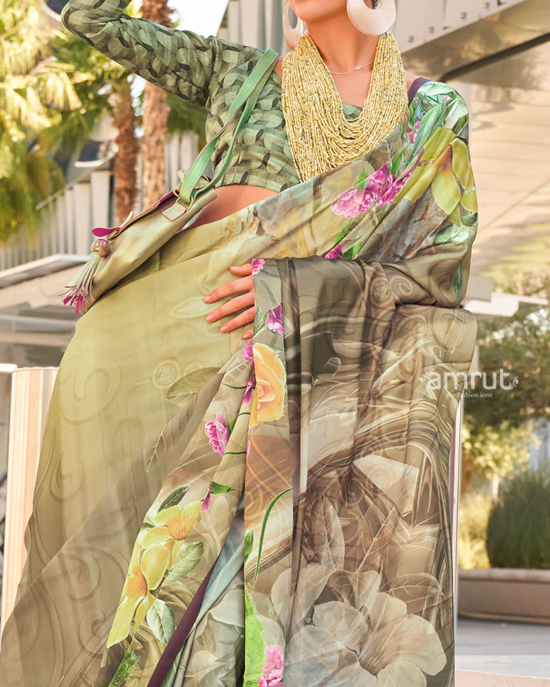 Light Beige and Multicolor Digital Print Satin Saree with Unstitched Blouse - Image 3