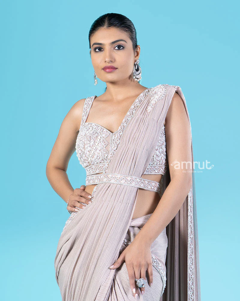 Light Beige Brown Ready-to-Wear Saree with Embellished Blouse and Belt - Image 2