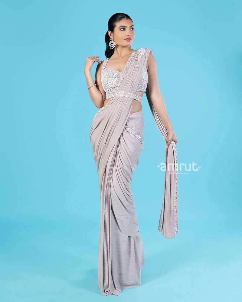Light Beige Brown Ready-to-Wear Saree with Embellished Blouse and Belt - Image 4
