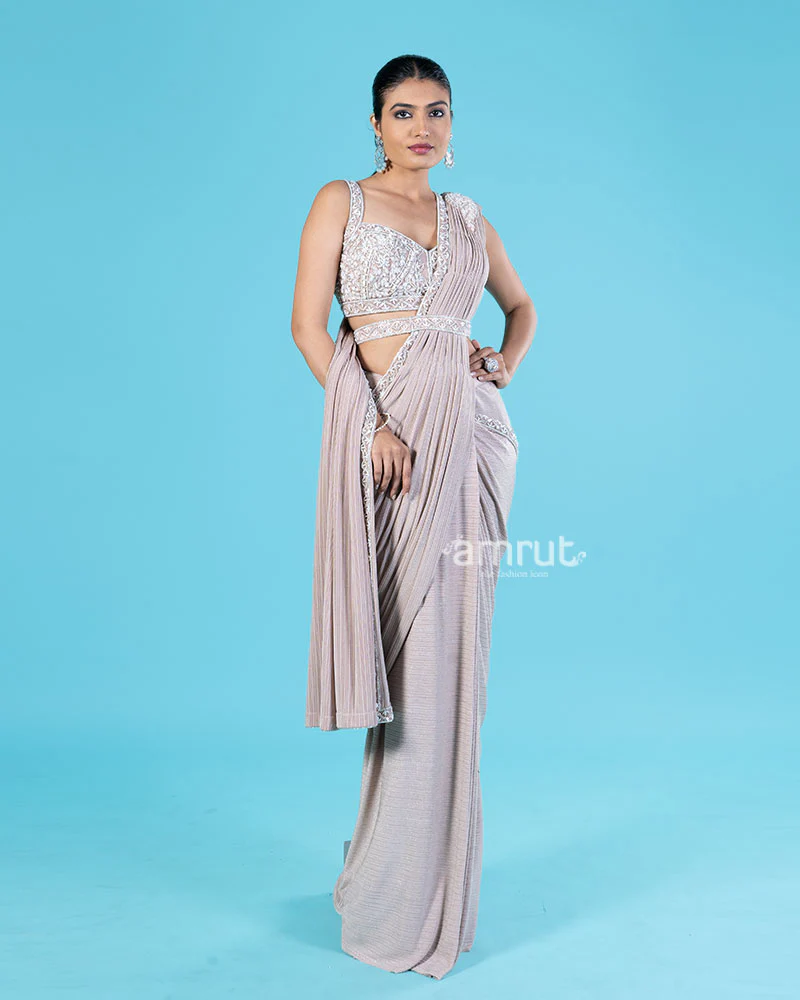 Light Beige Brown Ready-to-Wear Saree with Embellished Blouse and Belt - Image 5