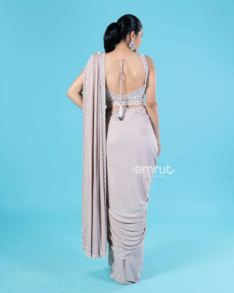 Light Beige Brown Ready-to-Wear Saree with Embellished Blouse and Belt - Image 6