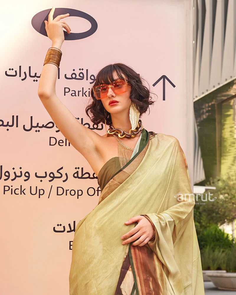 Light Beige Digital Print Satin Saree with Unstitched Blouse - Image 2