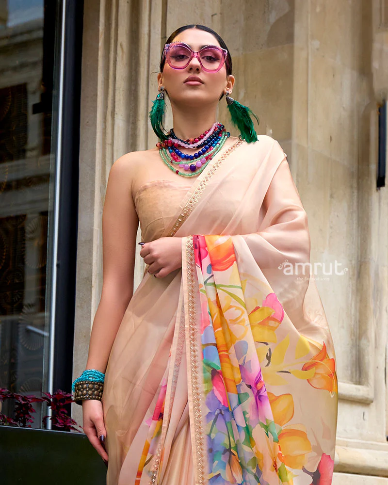 Light Beige Floral Digital Print Saree with Embellished Border and Unstitched Blouse - Image 2