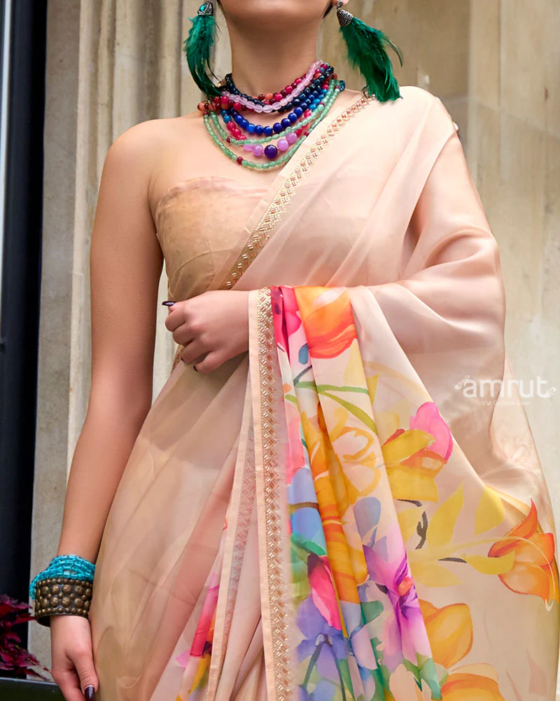 Light Beige Floral Digital Print Saree with Embellished Border and Unstitched Blouse - Image 3