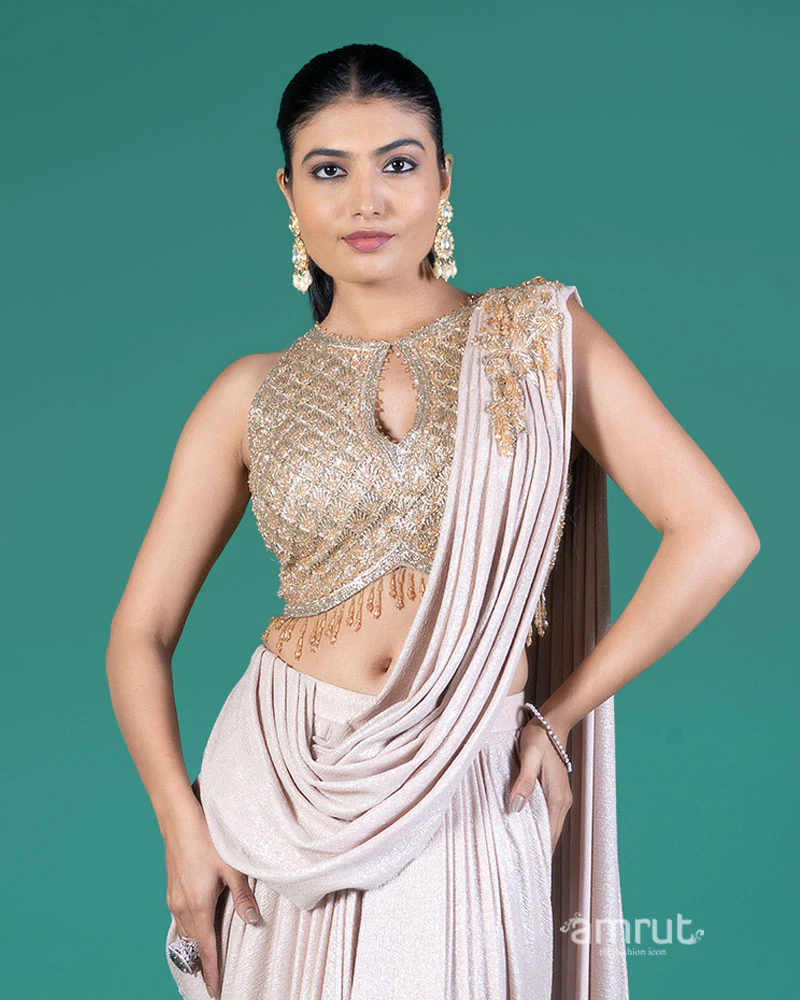 Light Beige Ready-to-Wear Saree with Embellished Blouse - Image 2
