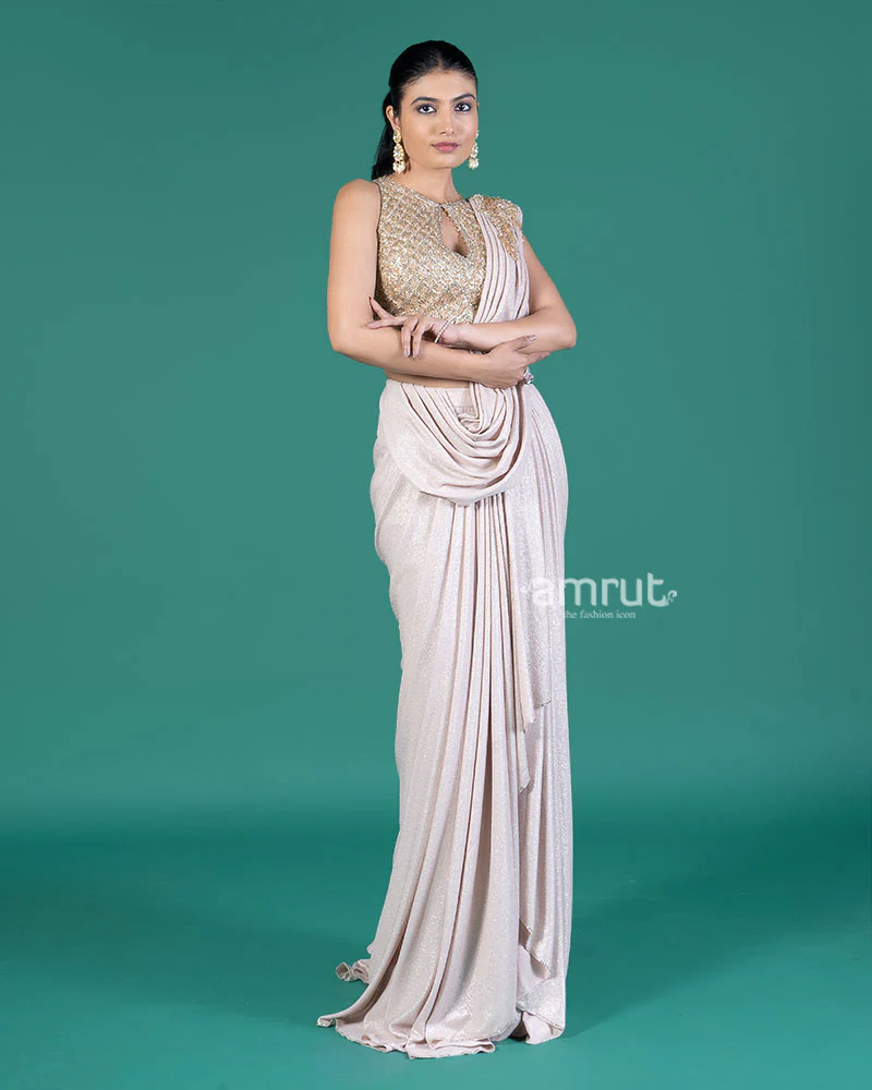 Light Beige Ready-to-Wear Saree with Embellished Blouse - Image 4