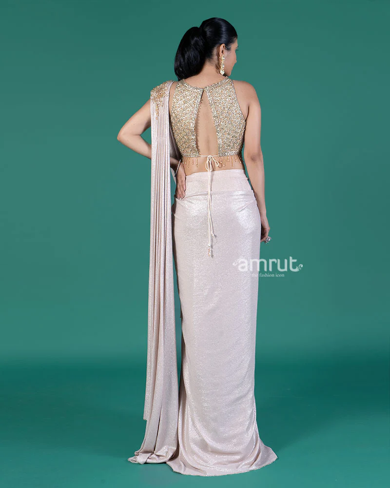 Light Beige Ready-to-Wear Saree with Embellished Blouse - Image 5