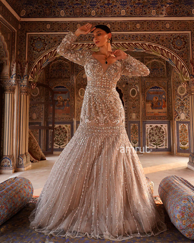 Light Beige Sequin-Embellished Mermaid Gown - Image 4