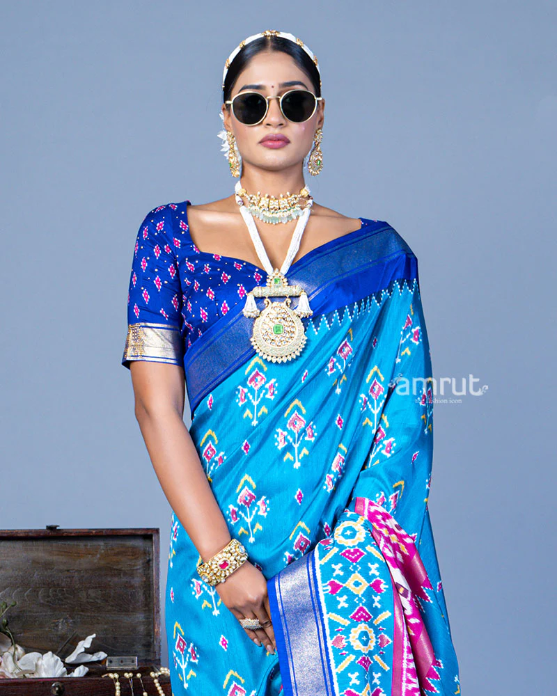 Light Blue Patola Printed Viscose Silk Saree with Royal Blue Border and Unstitched Blouse - Image 2