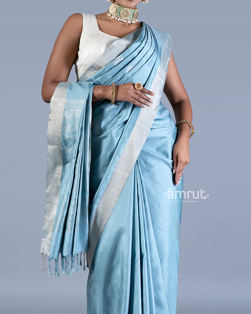 Light Blue with Golden Zari Leaf Patterns and Geometric Motifs Saree with unstitched blouse - Image 3