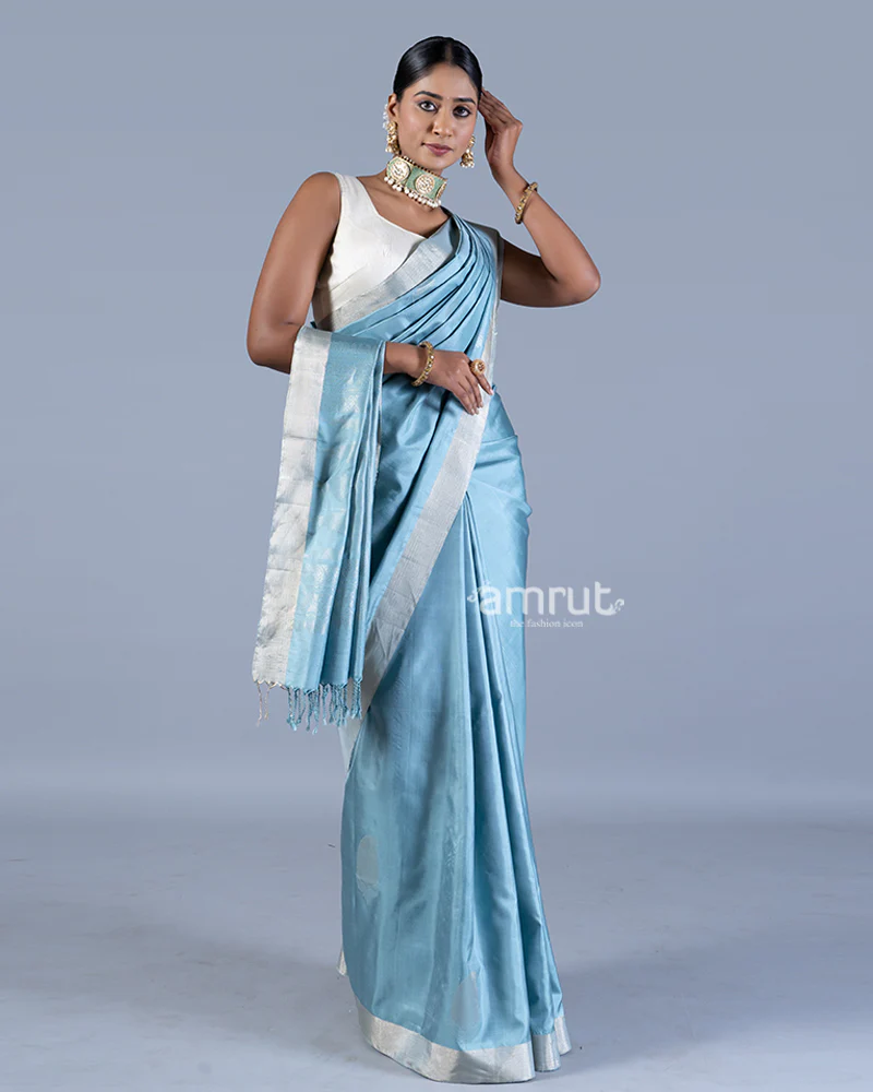 Light Blue with Golden Zari Leaf Patterns and Geometric Motifs Saree with unstitched blouse - Image 4