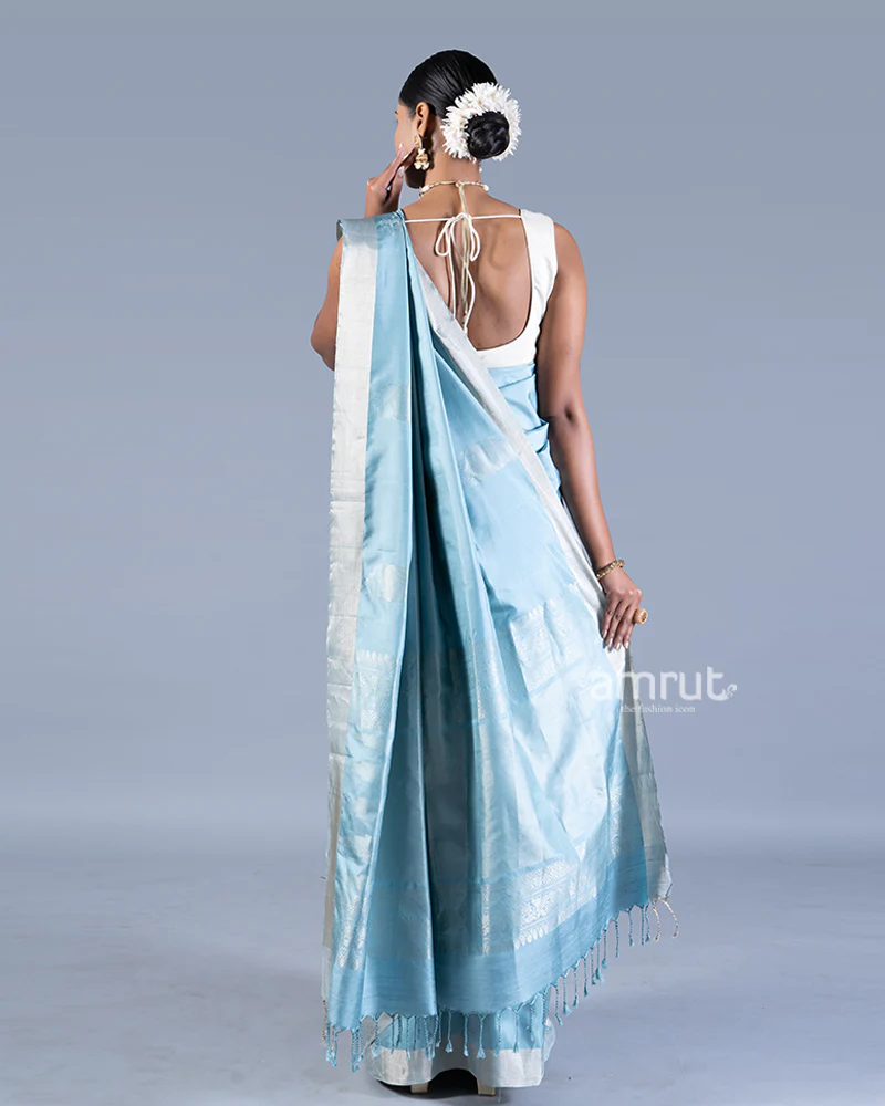 Light Blue with Golden Zari Leaf Patterns and Geometric Motifs Saree with unstitched blouse - Image 5