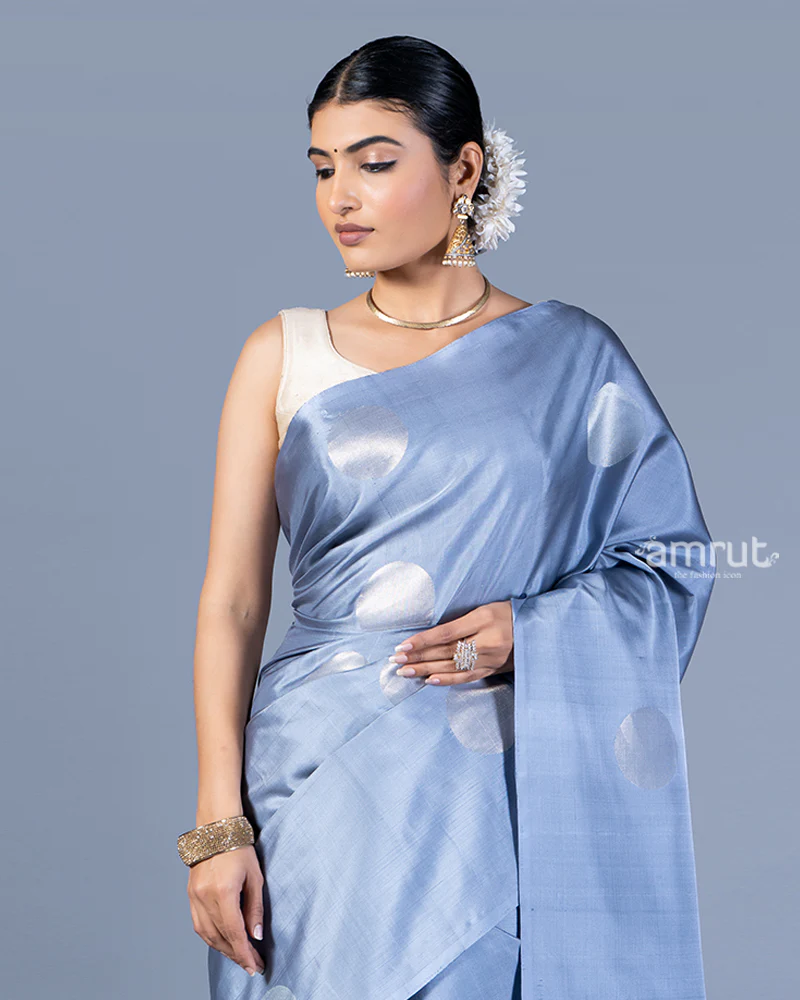 Light Blue Zari Woven Circular Motif Saree with Unstitched Blouse - Image 2