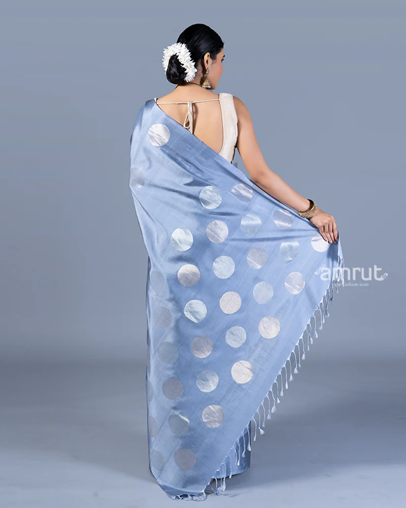Light Blue Zari Woven Circular Motif Saree with Unstitched Blouse - Image 5