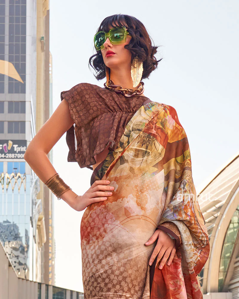 Light Brown Digital Print Satin Saree with Unstitched Blouse - Image 2