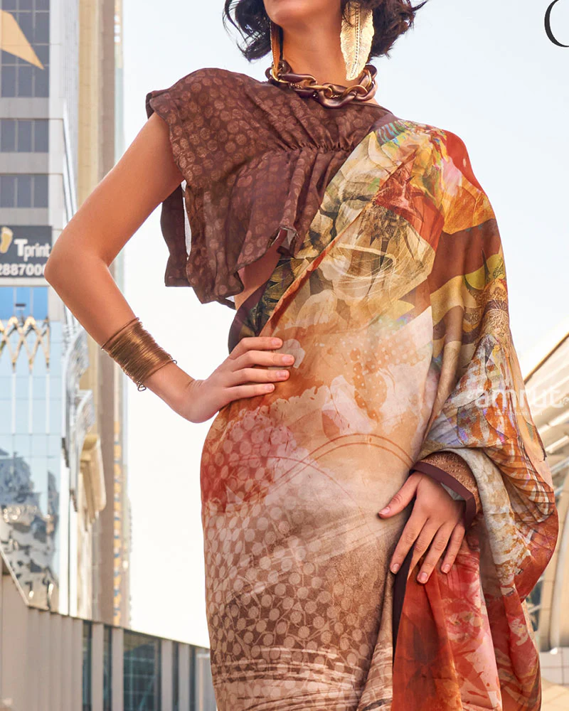 Light Brown Digital Print Satin Saree with Unstitched Blouse - Image 3