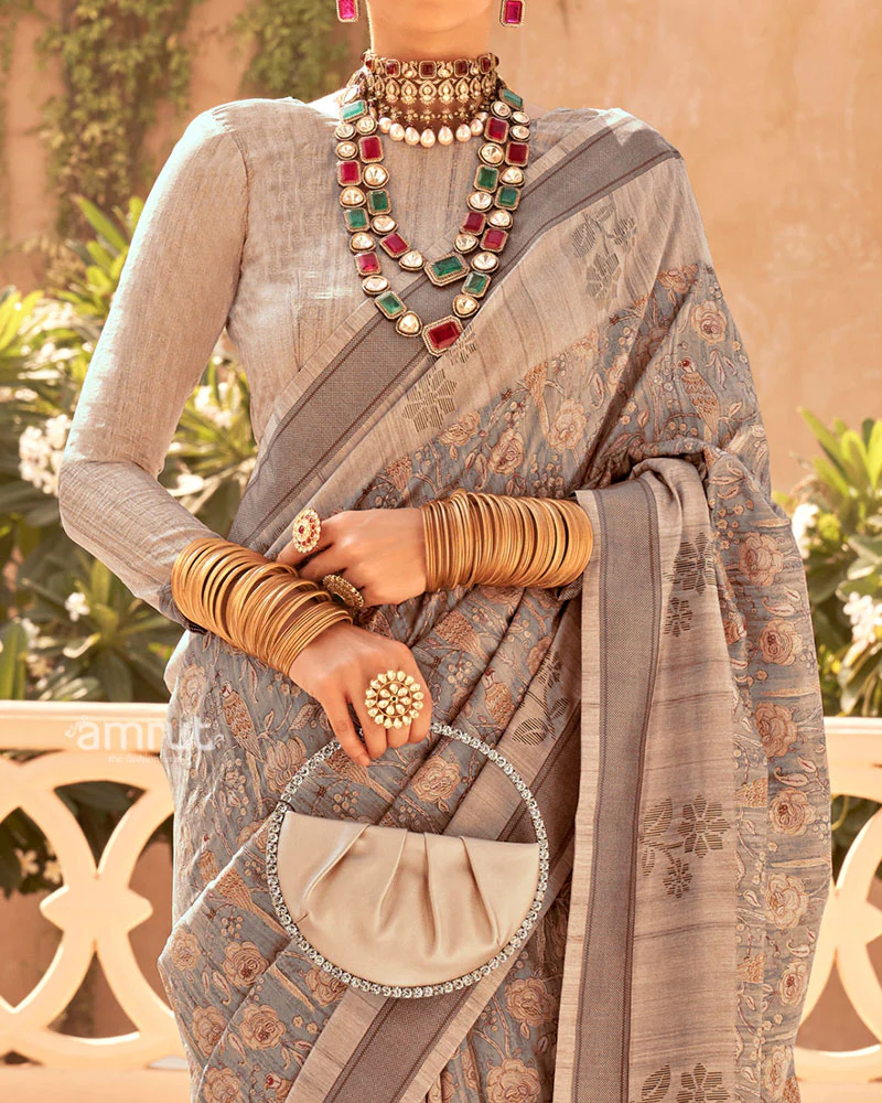Light Brown with Brown Border Printed Saree and Unstitched Blouse - Image 3