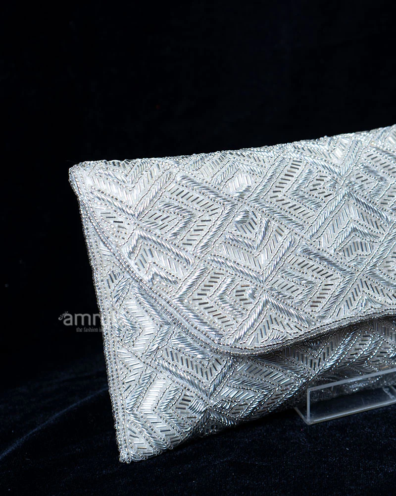 Light Cream and Grey Beaded Geometric Design Flap Clutch Purse - Image 2