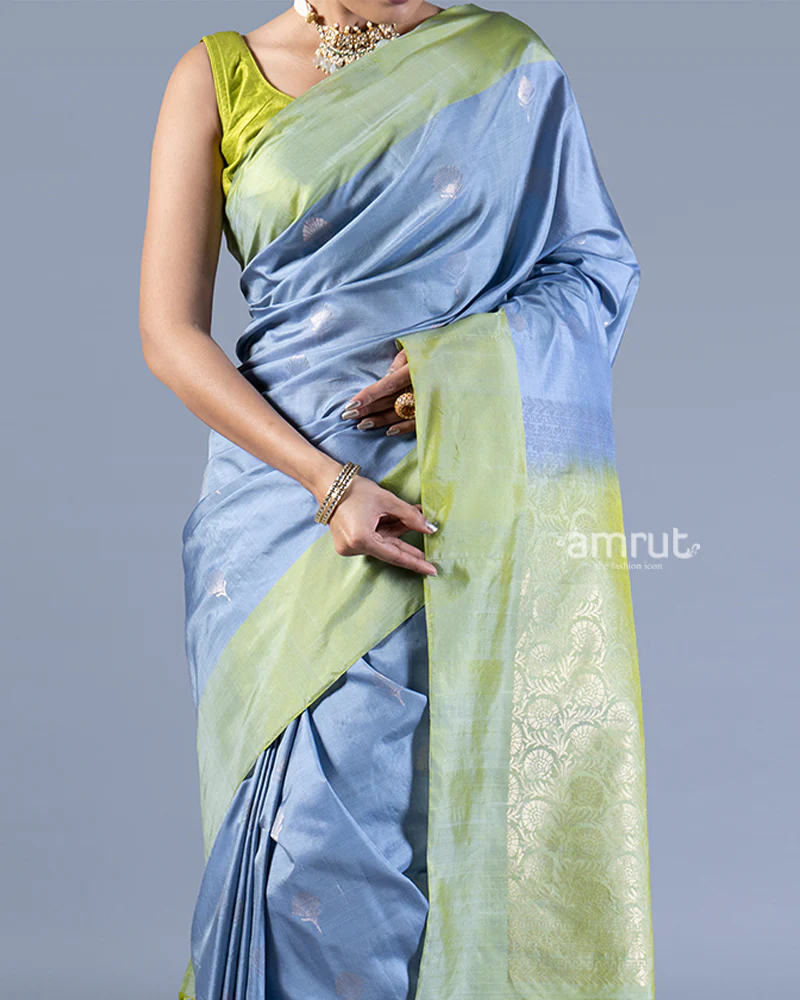 Light Blue and Lime Green Silver Zari Woven Embellished Silk Saree with unstitched blouse - Image 3