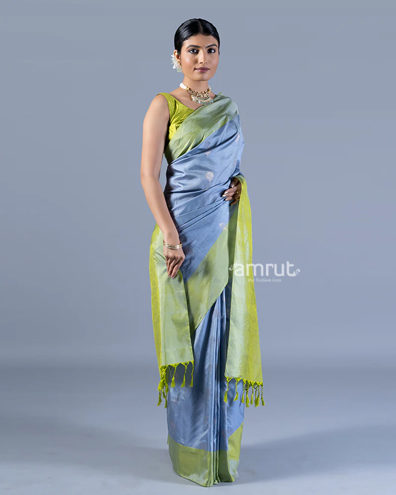 Light Blue and Lime Green Silver Zari Woven Embellished Silk Saree with unstitched blouse - Image 4