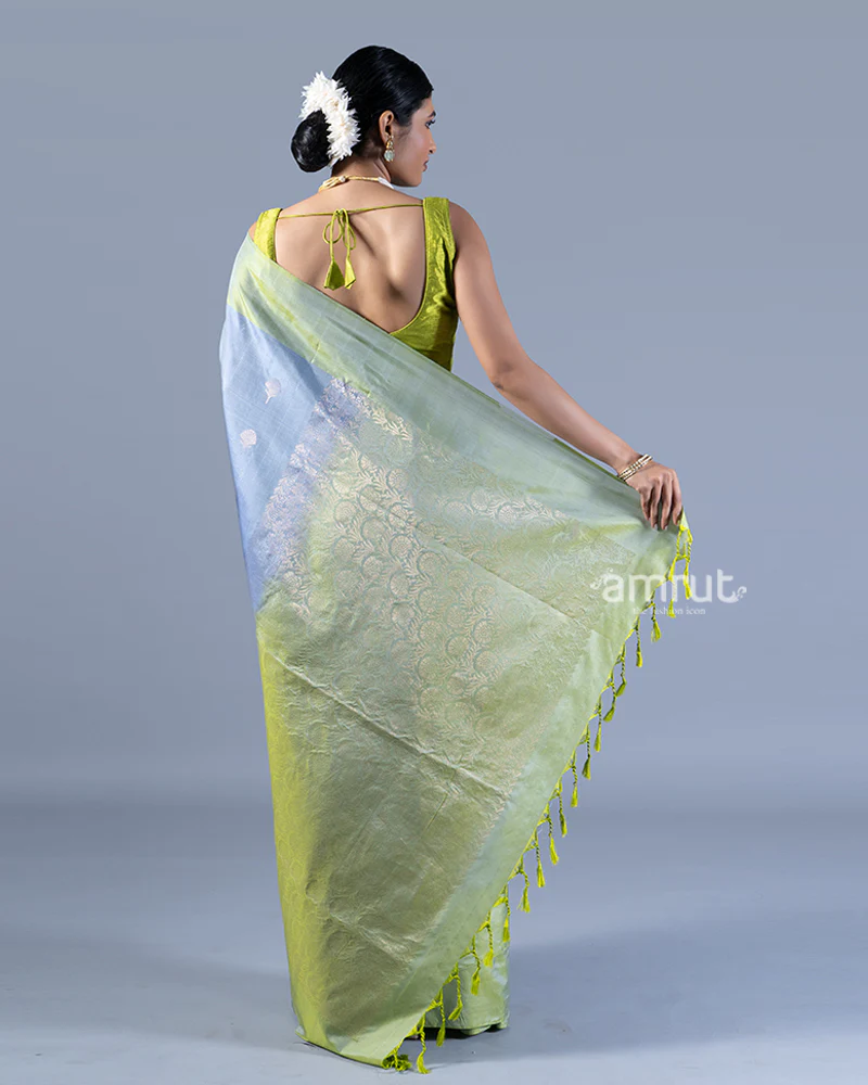 Light Blue and Lime Green Silver Zari Woven Embellished Silk Saree with unstitched blouse - Image 5