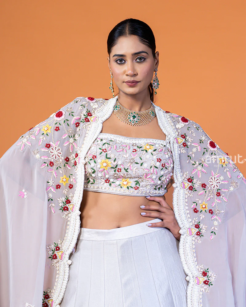 Light Gray Embroidered Lehenga Choli and Shrug Style Floral Lace Dupatta - Image 2