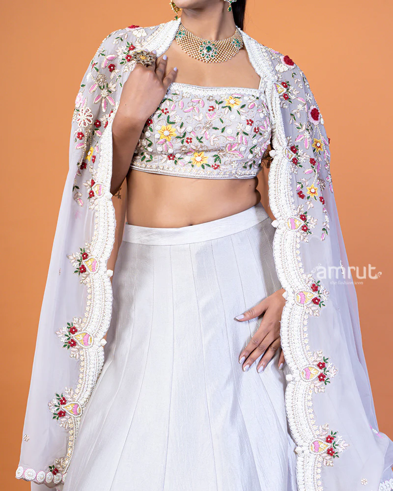 Light Gray Embroidered Lehenga Choli and Shrug Style Floral Lace Dupatta - Image 3