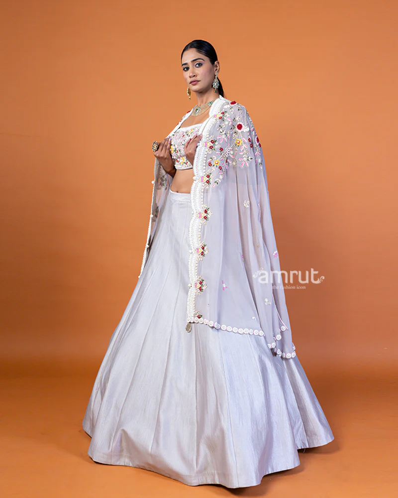 Light Gray Embroidered Lehenga Choli and Shrug Style Floral Lace Dupatta - Image 4