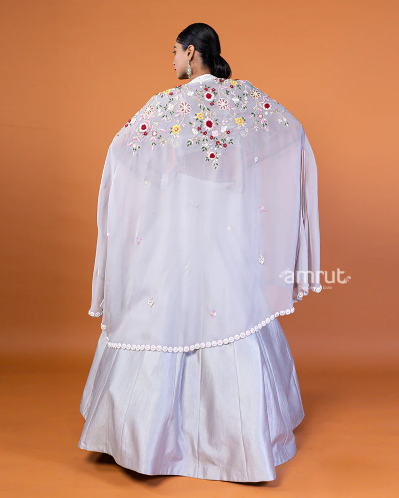 Light Gray Embroidered Lehenga Choli and Shrug Style Floral Lace Dupatta - Image 5