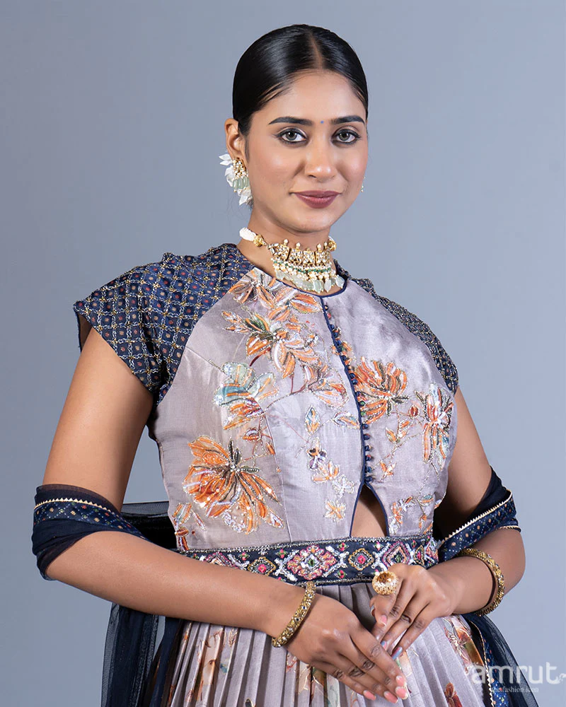 Light Gray Floral Printed Gown with Embellished Sleeves and Dupatta - Image 2