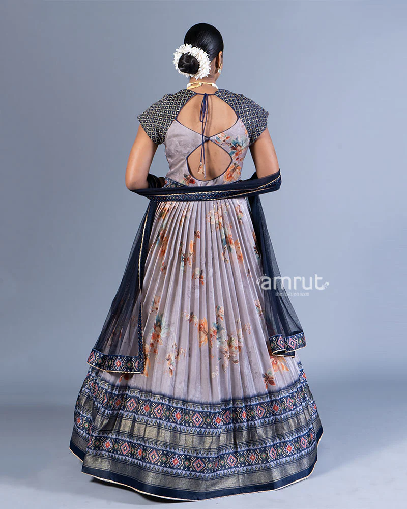 Light Gray Floral Printed Gown with Embellished Sleeves and Dupatta - Image 3