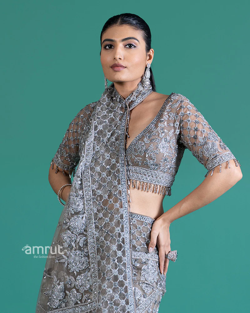 Light Gray Geometric Beaded Embellished Net Saree with Blouse - Image 2