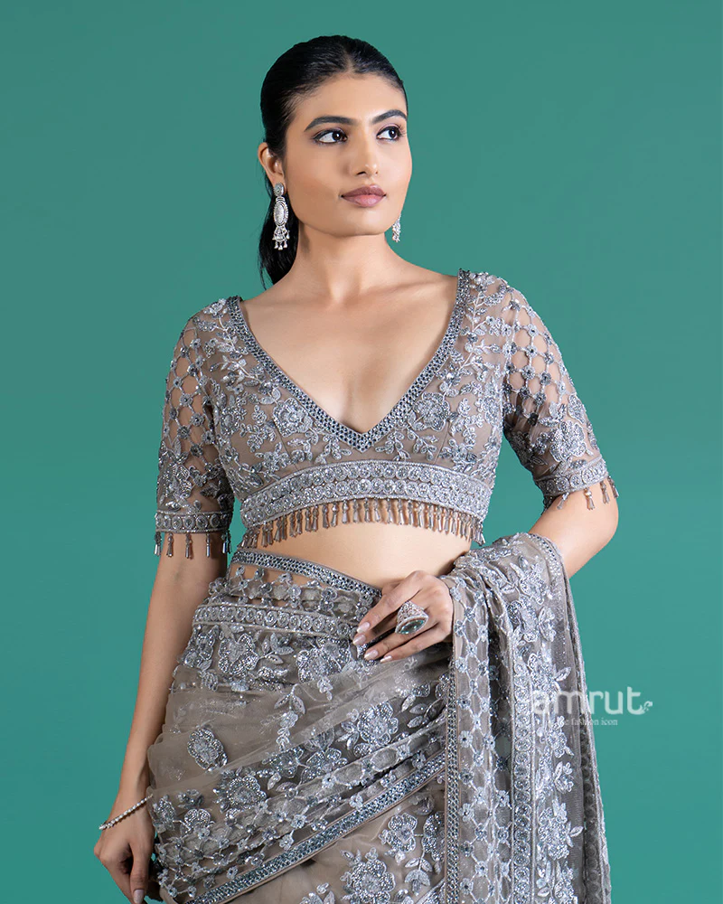 Light Gray Geometric Beaded Embellished Net Saree with Blouse - Image 4