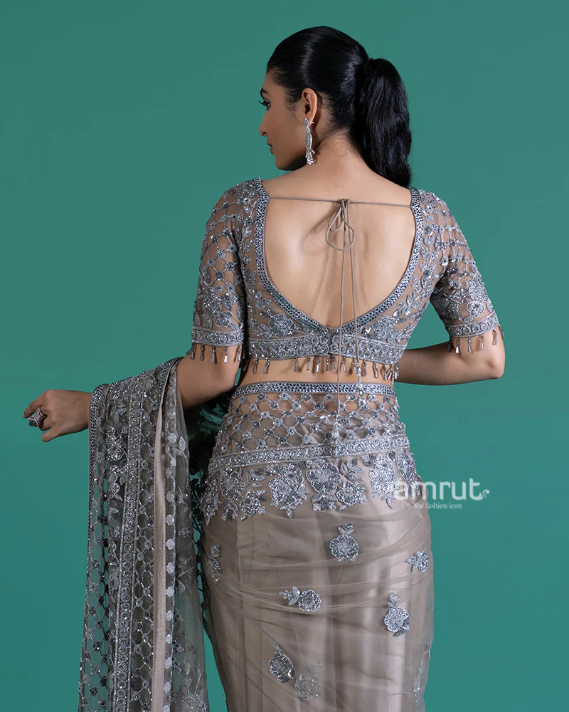 Light Gray Geometric Beaded Embellished Net Saree with Blouse - Image 5
