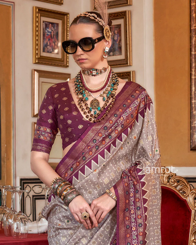 Light Gray with Purple Floral Motifs Printed Border Saree and Unstitched Blouse - Image 2