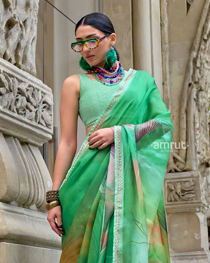 Light Green and Yellow Saree with Embellished Border and Unstitched Blouse - Image 2