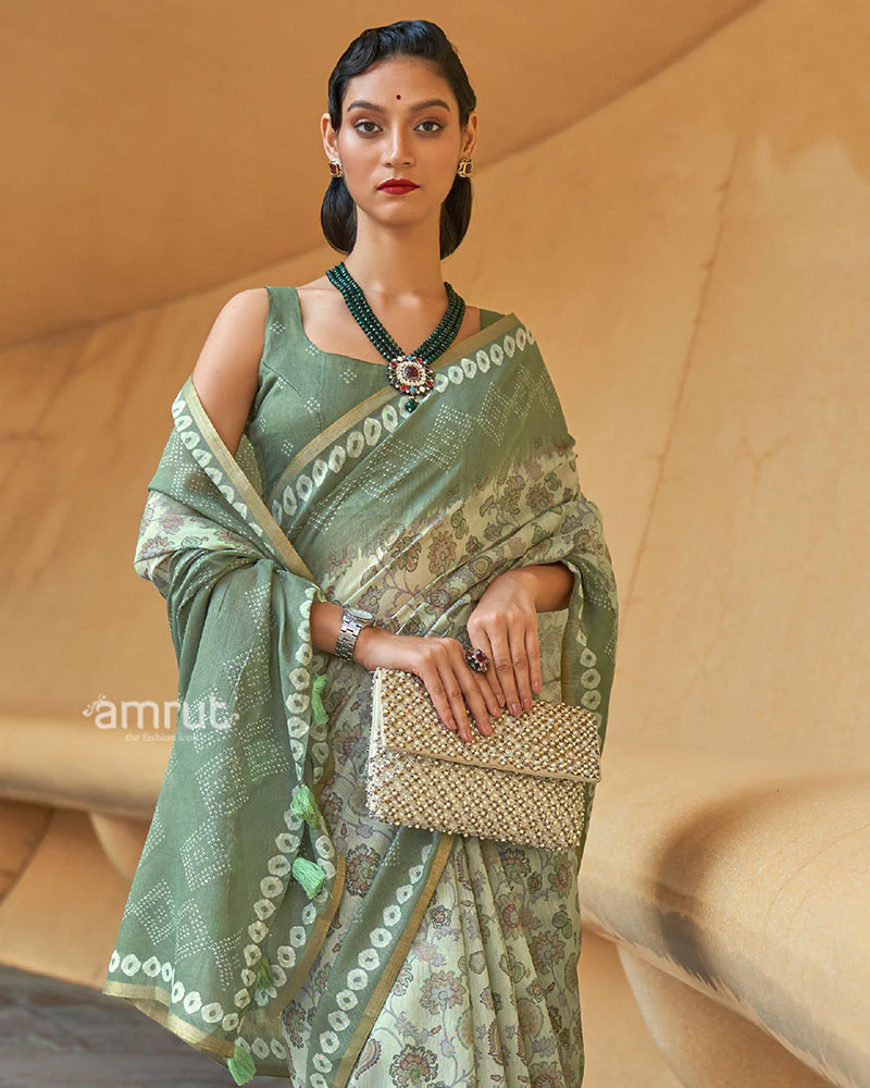 Light Green Floral Printed Cotton Saree with Unstitched Blouse - Image 2