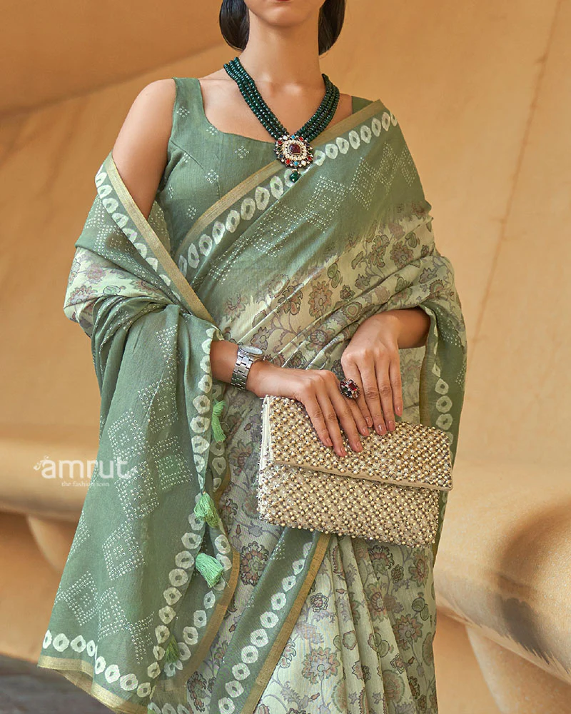 Light Green Floral Printed Cotton Saree with Unstitched Blouse - Image 3