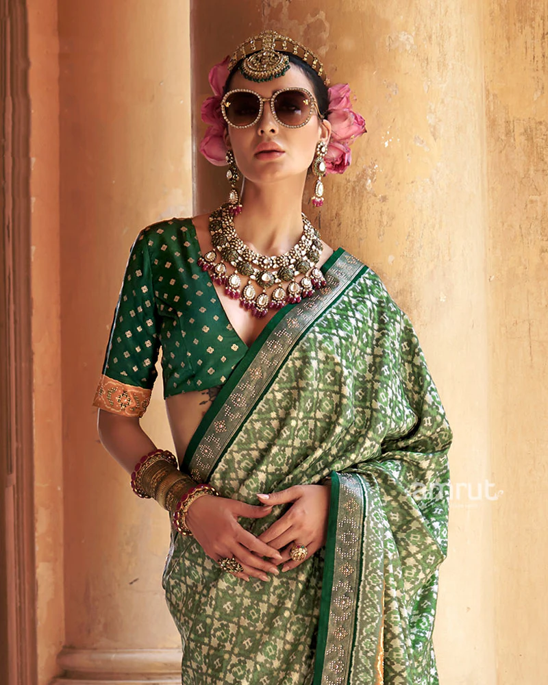 Light Green Patola Silk Saree with Embellished Border and Unstitched Blouse - Image 2