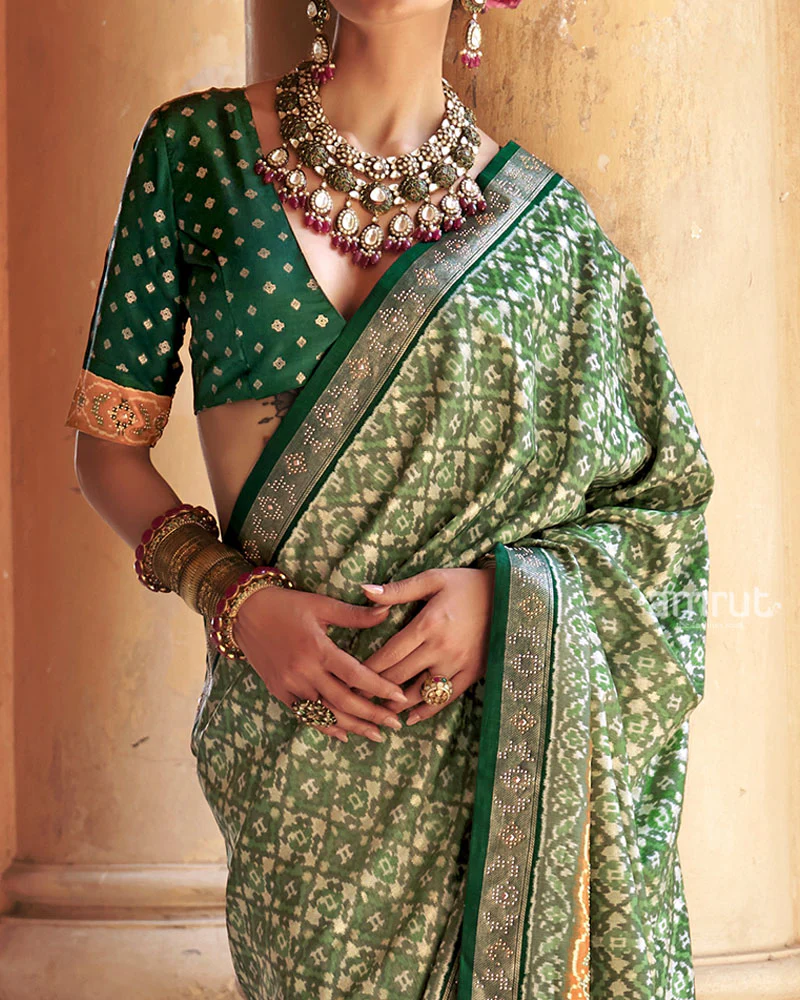 Light Green Patola Silk Saree with Embellished Border and Unstitched Blouse - Image 3